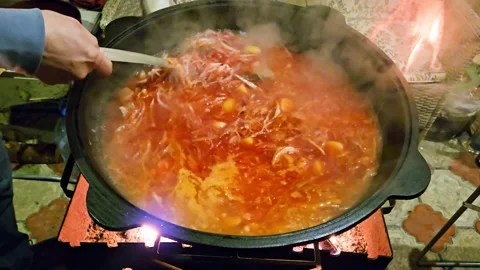 Cooking Ukrainian borscht over a fire in a cast iron cauldron Stock Footage 298024128
