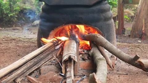 Cooking using a traditional stove that uses firewood as fuel Stock Footage 309056493