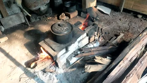 Cooking using a traditional stove. using firewood Stock Footage 288049758