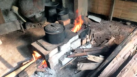 Cooking using a traditional stove. using firewood Stock Footage 288049760
