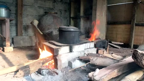 Cooking using a traditional stove. using firewood Stock Footage 288049763