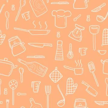 Cooking utensils and kitchen tools - seamless background doodle vector. Stock Illustration