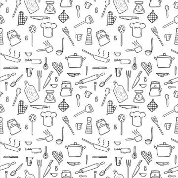 Cooking utensils and kitchen tools - seamless background doodle vector. Stockillustratie