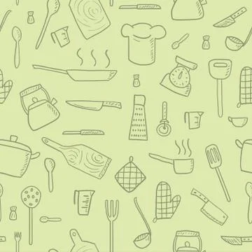 Cooking utensils and kitchen tools - seamless background doodle vector. Stockillustratie