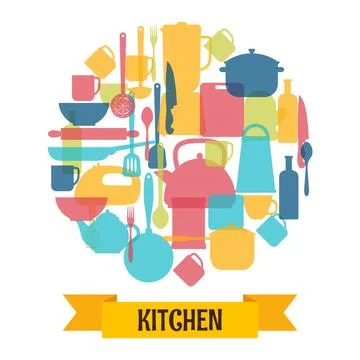 Cooking utensils background. Kitchen and restaurant equipment silhouettes Stock Illustration