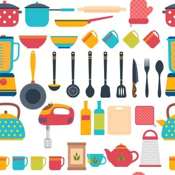 Cooking utensils background. Seamless pattern with kitchen tools Stock Illustration