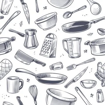 Cooking utensils seamless pattern. Sketch kitchen tool, kitchenware. Pan, knife Stock Illustration