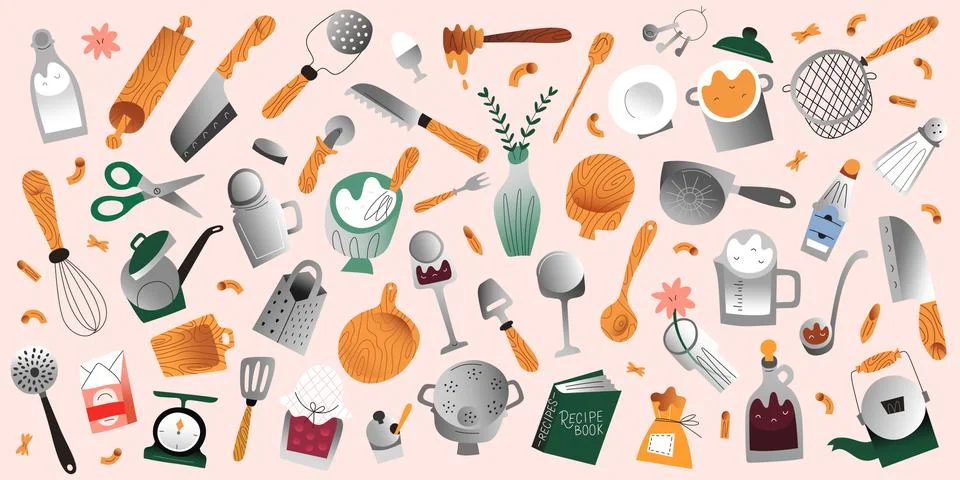 Cooking utensils set, kitchenware collection, pan, knifes and fork, hand drawn Stock Illustration