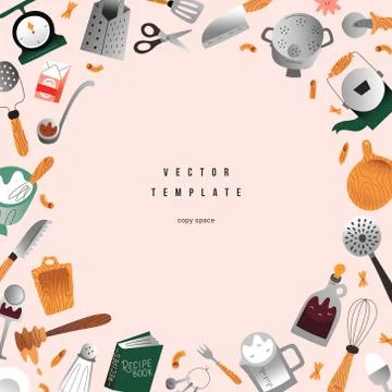 Cooking utensils template, frame border decorated with hand drawn illustration Stock Illustration
