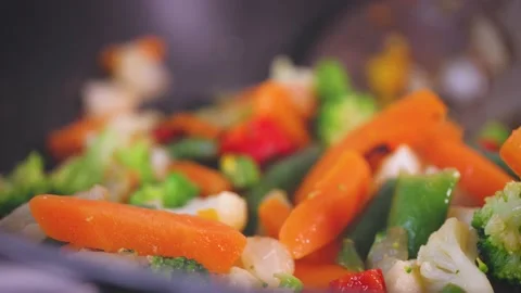 Cooking vegetable, close up of mixture of carrots, broccoli, cabbage in a pan. V Stock Footage 144260578