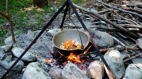Cooking vegetables in cauldron that hangs over burning flame in forest in nature Stock Footage 175681188
