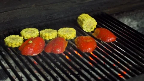Cooking, vegetables grilled on an open fire on the grill Stock Footage 74307757
