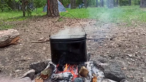 Cooking while hiking on a campfire, in the forest. A pot in the flame Stock Footage 235939884
