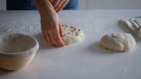 The cook's hands in flour, baker at work, bread and bakery, flour at the kitchen Stock Footage 121528470