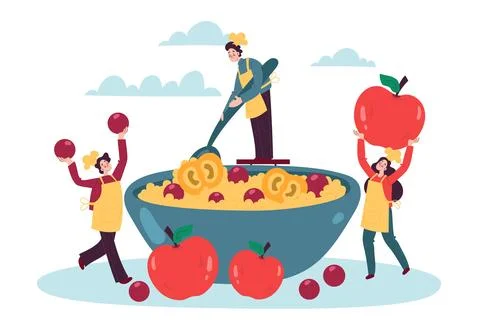 Cooks make oatmeal with fruit. Tiny people with big bowl. Men hold spoon, woman Illustrazione stock