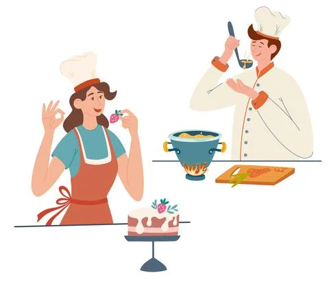 Cooks. People cook on the kitchen table. Young girl and a guy cook. Pastry ch Stock Illustration