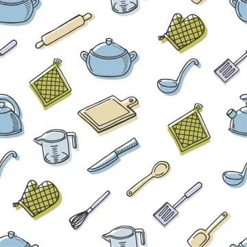 Cook's tools color vector seamless pattern. Illustrazione stock