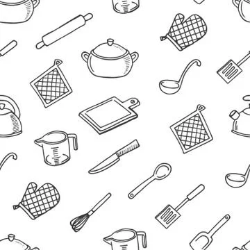 Cook's tools white and black vector seamless pattern Illustrazione stock