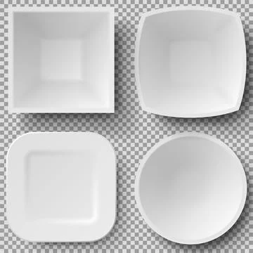 Cookware, china, crockery. Different shapes of realistic food plates and 3d Stock Illustration
