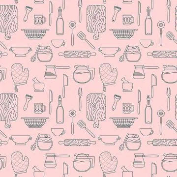 Cookware kitchen pink seamless pattern line vector 스톡 일러스트