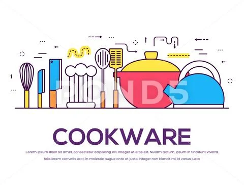 Cookware kitchen table for cooking in house vector outline illustration. On flat Stock Illustration