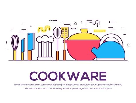 Cookware kitchen table for cooking in house vector outline illustration. On flat Stock Illustration