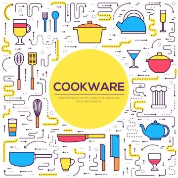 Cookware kitchen table for cooking in house vector outline illustration. On flat Stock Illustration