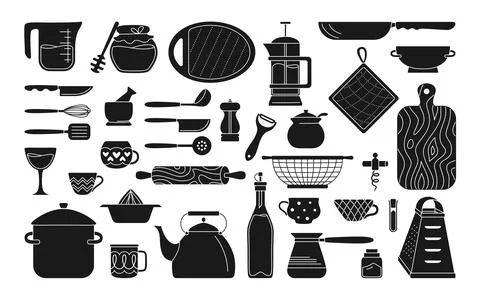 Cookware kitchen tools black line set tools dishes Stock Illustration