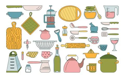 Cookware kitchen tools set Baking tools dishes Stock Illustration