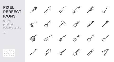 Cookware line icon set. Kitchen equipment - fork, knife, spoon, hammer, ladle Ilustração Stock