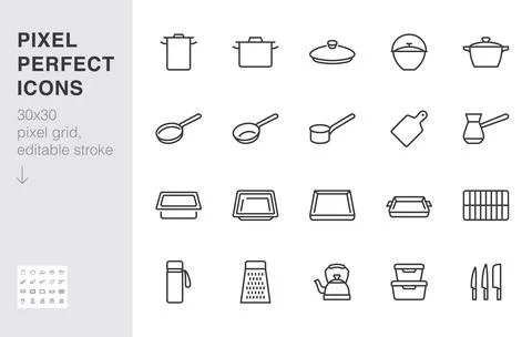 Cookware line icon set. Kitchen equipment cooker pan pot, frying griddle, lid Illustrazione stock