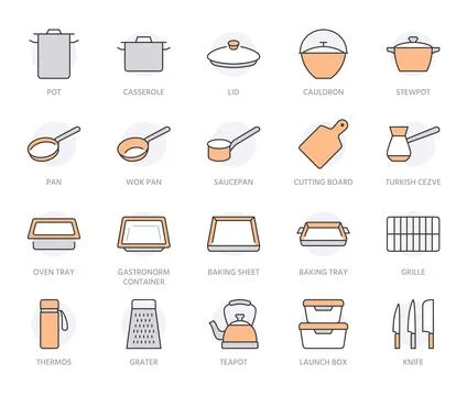 Cookware line icon set. Kitchen equipment - cooker pan pot, frying griddle, lid Illustrazione stock