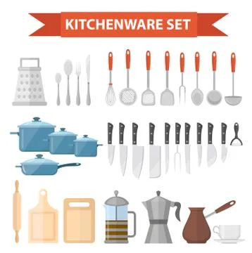 Cookware set icons, flat style. Kitchen utensils set isolated on white back.. Stock Illustration