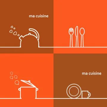 Cookware Set kettle, pot, spoon, fork, knife, cup, saucer Stock Illustration