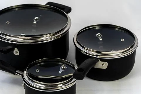 Cookware set with white bottom, cookware, metal, black handle, mexico Stockfoto's