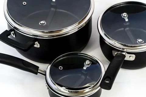 Cookware set with white bottom, cookware, metal, black handle, mexico Foto stock