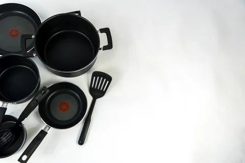 Cookware set with white bottom, cookware, metal, black handle, mexico Stock Photos