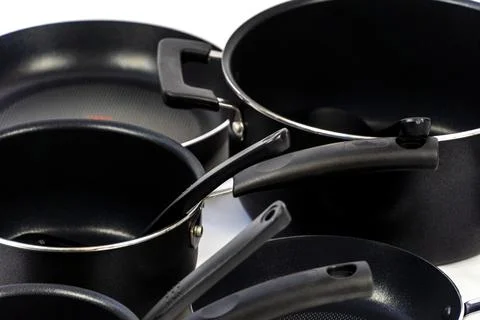 Cookware set with white bottom, cookware, metal, black handle, mexico Stock Photos