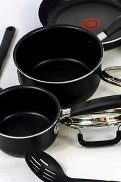 Cookware set with white bottom, cookware, metal, black handle, mexico Stock Photos
