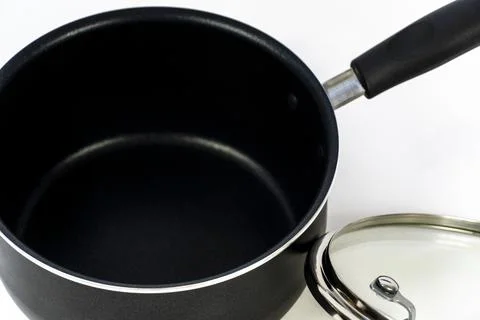 Cookware set with white bottom, cookware, metal, black handle, mexico Stock Photos