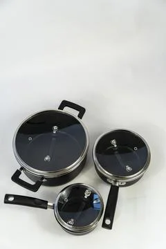 Cookware set with white bottom, cookware, metal, black handle, mexico Photos