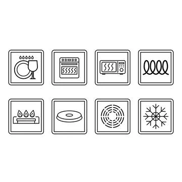 Cookware Signs. Kitchenware Labels. Safe for: Dishwasher, Oven, Microwave, .. Stock Illustration
