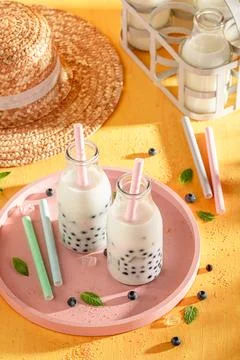 Cool and cold blueberry bubble tea as drink for summer. Stock Photos