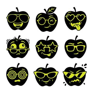 Cool apple characters with sunglasses collection silhouette vector illustrat Stock Illustration