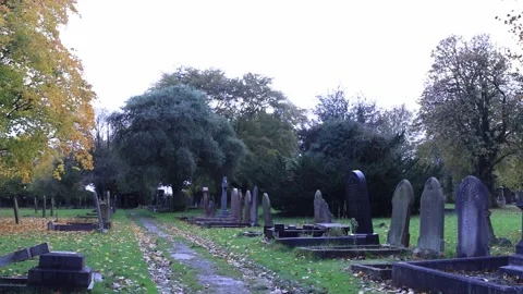 Cool Autumn breeze through the trees and gravestones in the cemetery Stock Footage 254745156