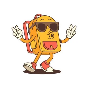 Cool Backpack Mascot Making Peace Sign with Sunglasses and Energetic Fun Ex.. Stock Illustration