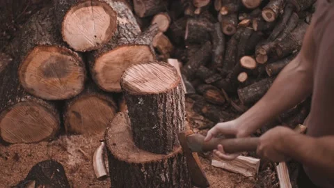 Cool bald man with beard chop firewood with ax, impressive punch in reverse Video stock 141069721