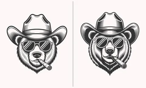 Cool Bear with Cowboy Hat and Sunglasses Smoking Cigar T-shirt Design Stock Illustration