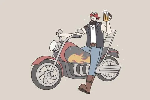 Cool bearded man biker sit on motorcycle drinking beer. Brutal male rocker on Stock Illustration