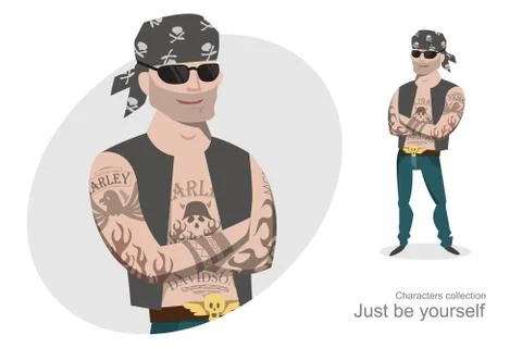 Cool biker with tattoos. Illustrazione stock